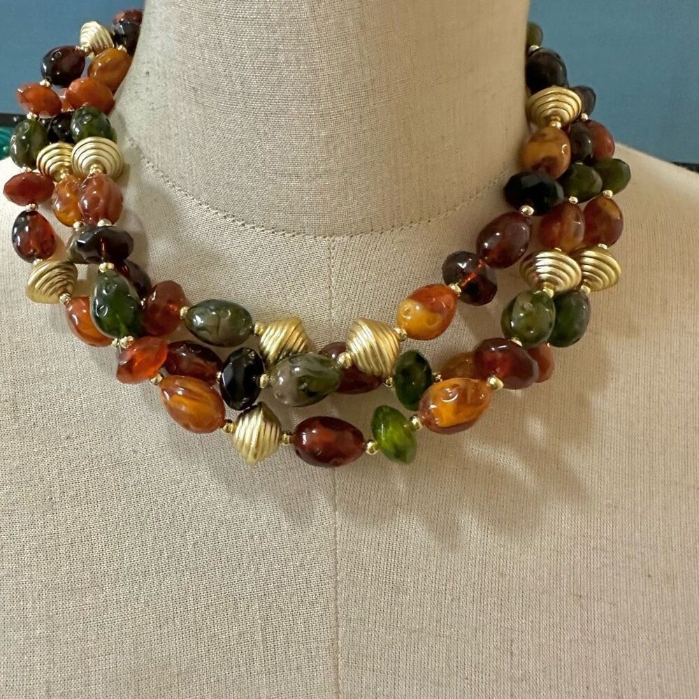 Green brown gold tone multi strand beaded necklace